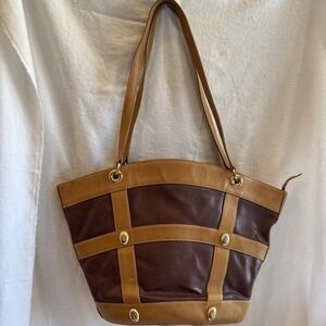 Leather Handbag Brown Large Shopper Tote Bag Boho Chic Weave Pattern Purse